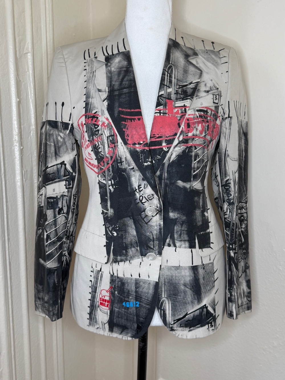 NWT Snow Milk Jacket Brooklyn Artist Upcycled Silk-Screened Graphic Print Blazer